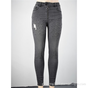 Women's twil denim mid rise beaded skinny